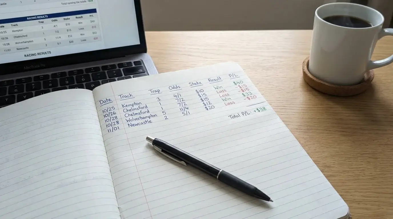 Notebook with handwritten staking records and a pen on a desk beside a laptop showing race results