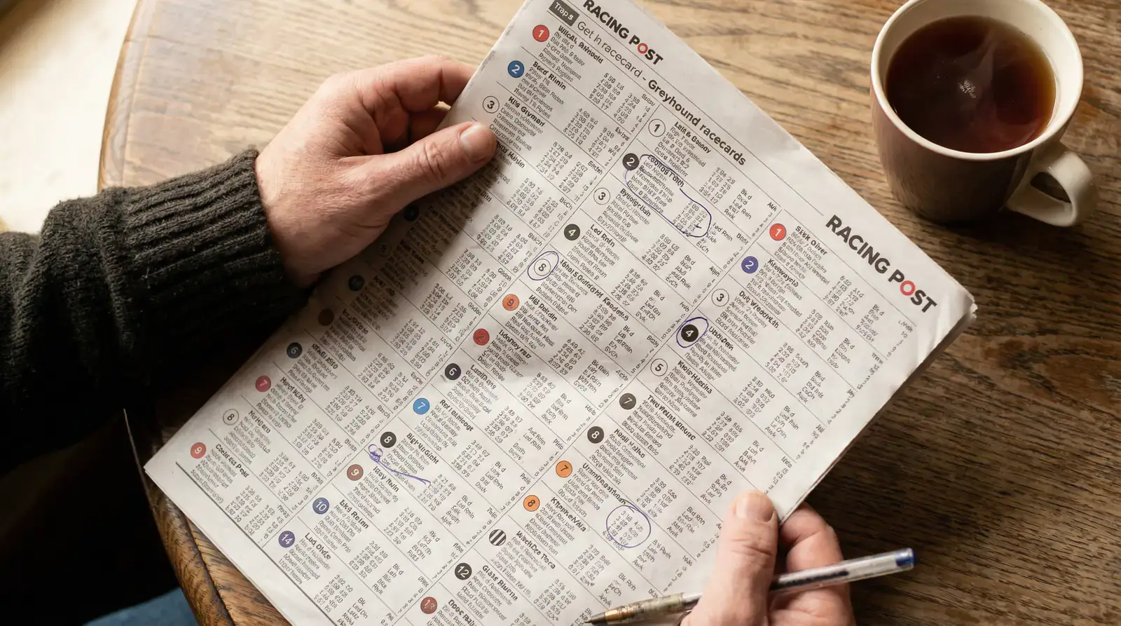 Greyhound racecard showing recent form figures, sectional times, and trap draw information
