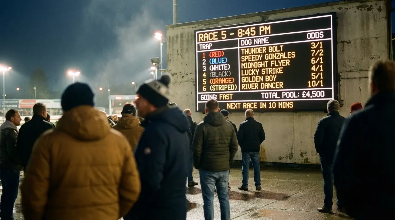 Betting odds board at a greyhound track showing prices for a six-dog race
