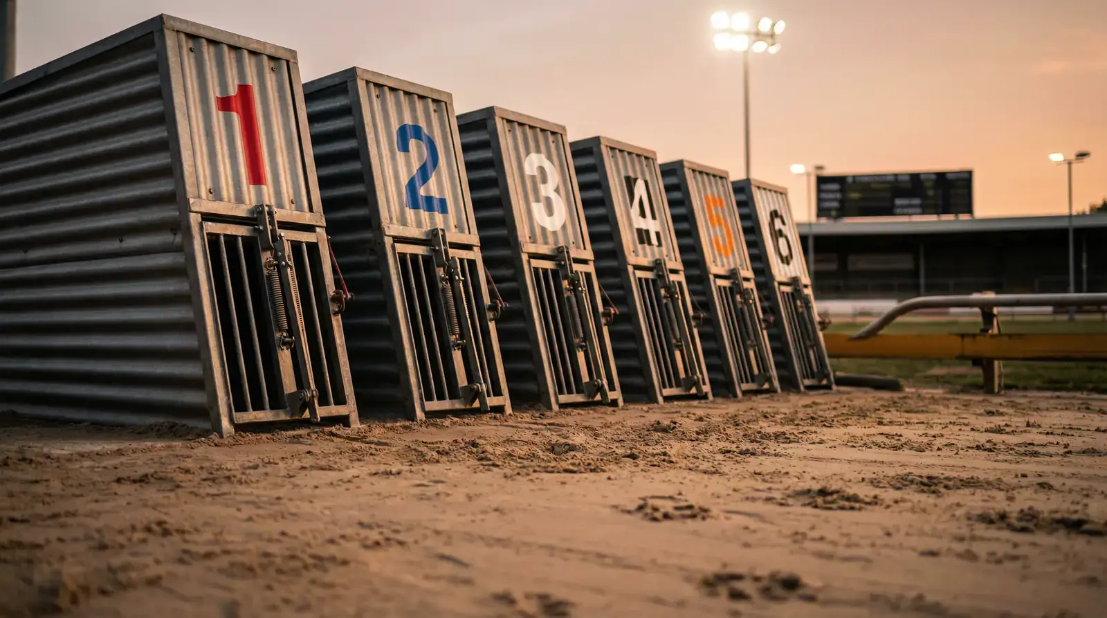 Six numbered greyhound starting traps at a UK racing stadium viewed from track level