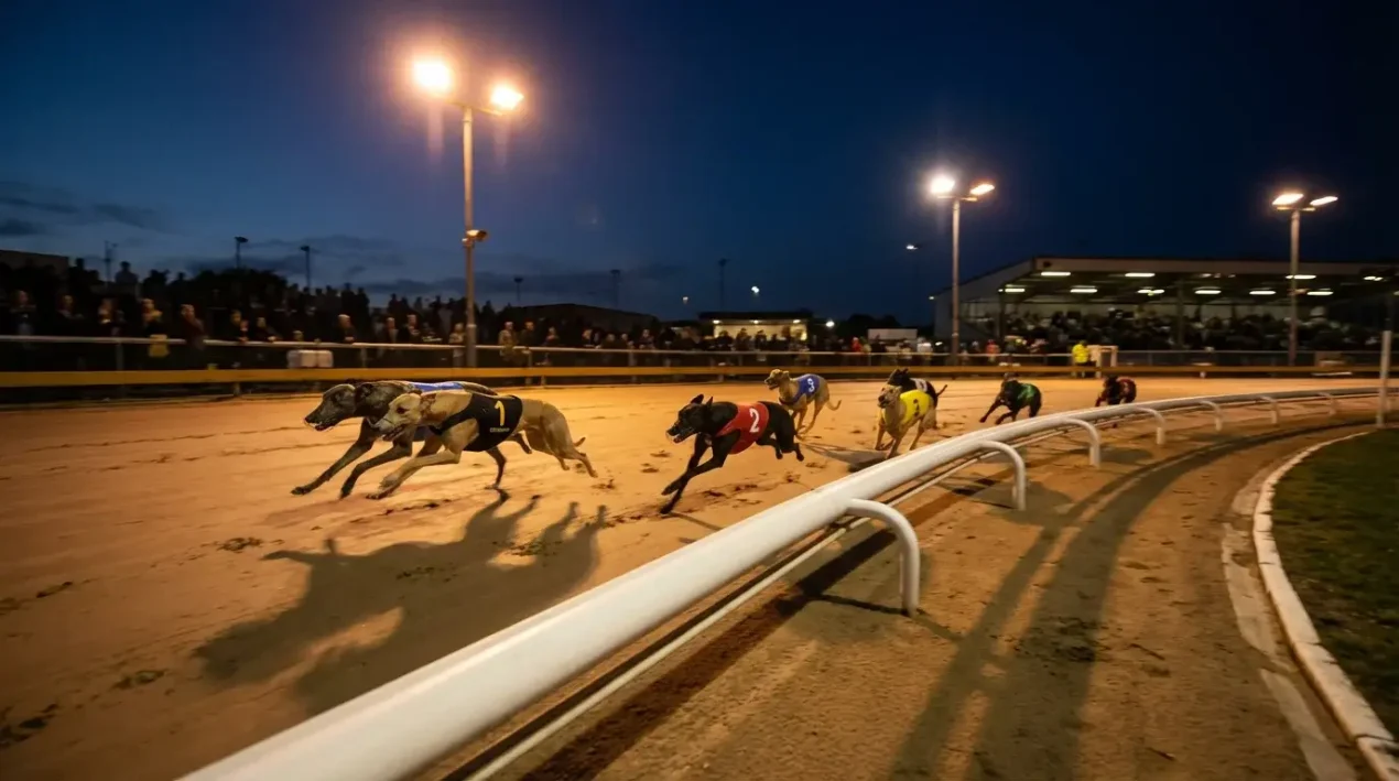 Greyhound dogs sprinting around the first bend at a UK racing track under evening floodlights